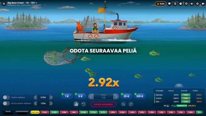 Näkymä Pragmatic Playn Big Bass Crash pelistä