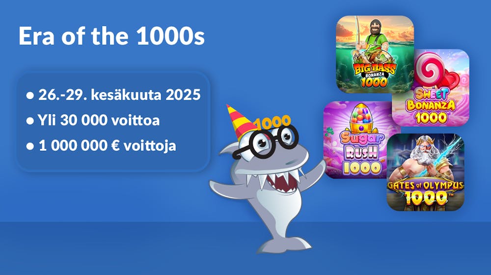 Kasinohailla on päässä lasit, joissa teksti 1000, vieressä kolikkopelien kuvia. Teksti kertoo kampanjan tärkeät tiedot.