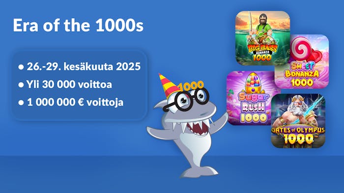 Kasinohailla on päässä lasit, joissa teksti 1000, vieressä kolikkopelien kuvia. Teksti kertoo kampanjan tärkeät tiedot.