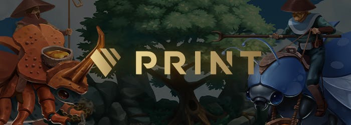 Print Studios pelivalmistajan logo keskellä ja taustalla pari pelihahmoa.
