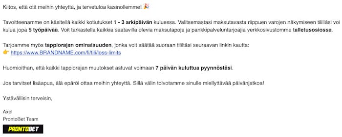 Sähköpostivastaus Prontobet Casinolta