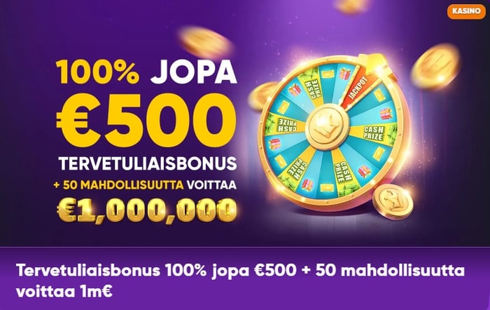 Kingmaker Casinon tervetuliaisbonus: 100 % jopa 500 euroa sekä 50 mahdollisuutta voittaa 1 000 000 euroa.