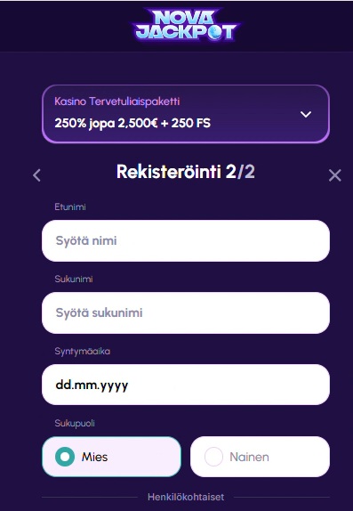 NovaJackpot-kasinon rekisteröintilomakkeen toinen vaihe henkilötietojen, kuten nimen, syntymäajan ja sukupuolen, syöttämiseen.