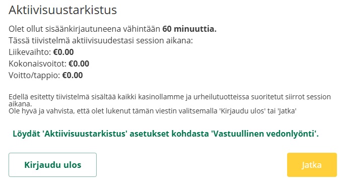 Qbet casinolla vastuullista pelaamista edistetään muun muassa aktiivisuustarkistuksella.