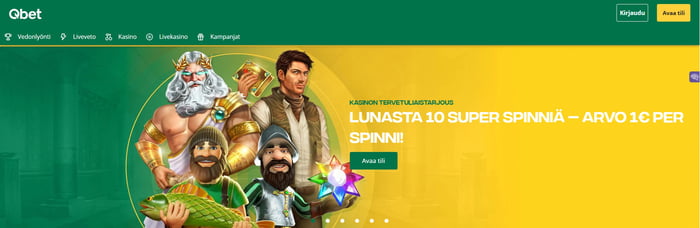 Qbet casino etusivulla näkyy 10 super spins -tarjous ja useita kolikkopeleistä tuttuja hahmoja, kuten Rich Wilde.