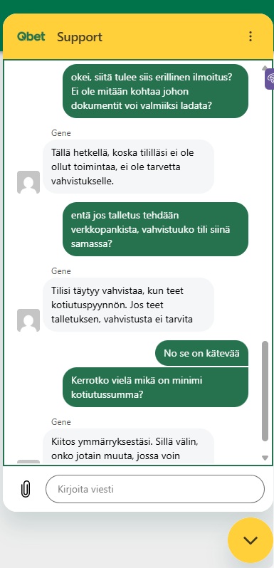 Qbet casino live-chat vastaa kysymykseen KYC-tarkastuksen tekemisestä ja minimitalletuksesta.