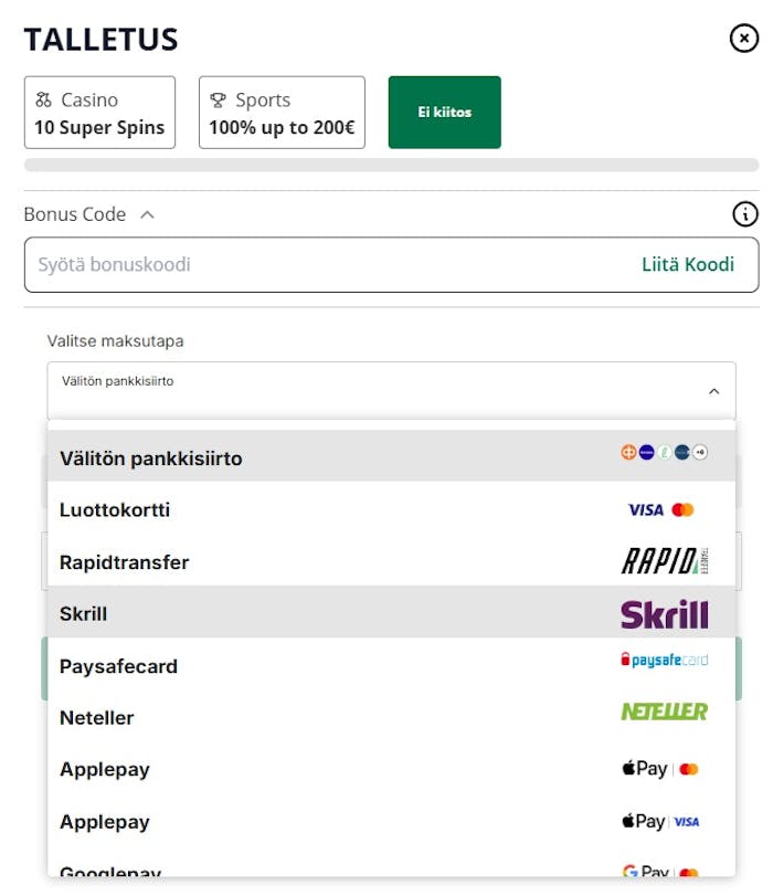 Qbet Casino Dashboard met bonuscode invoer