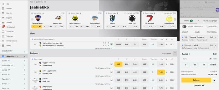 Qbet casino vedonlyöntikohteissa on kotimaista jääkiekkoa.