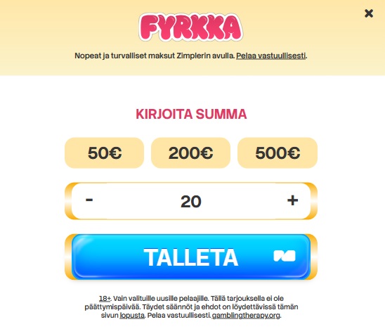 Fyrkka Kasinon talletusikkuna, jossa valitaan talletettava summa Zimpler-maksupalvelun kautta.