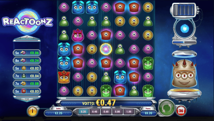 Kuva, jossa näkyy 0,47 € voitto Reactoonz-pelissä.