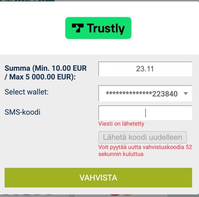 Maksutavan valinta Vivatbetillä.