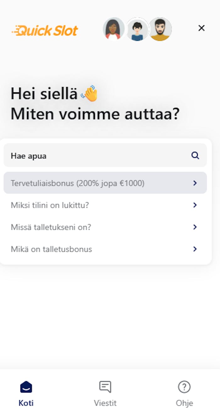 Quickslotin live-chat, joka toimii samalla FAQ-osiona.