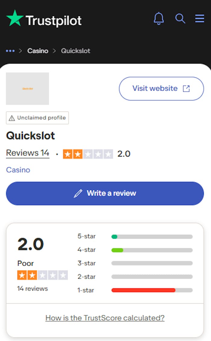 Quickslot Casinon Trustpilot-arvostelun yhteenveto.