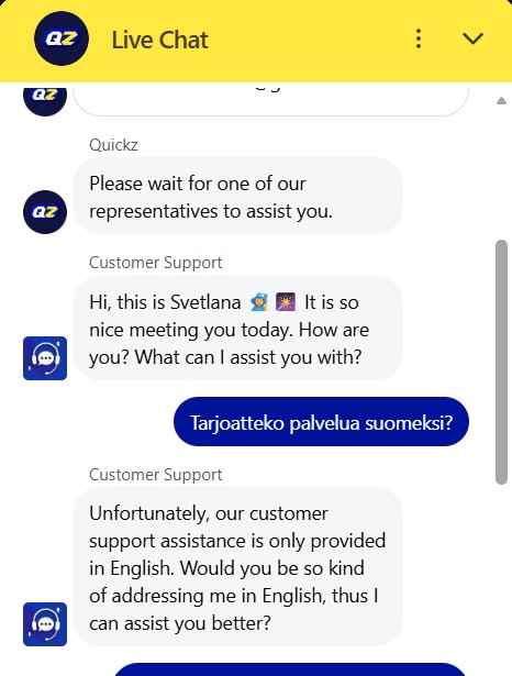 Quickz kasinon asiakastuen englanninkielinen vastaus live-chatissa.