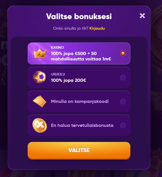 Kingmaker Casinon bonusvalinta, jossa voi valita 100 % tervetuliaisbonuksen jopa 500 euroon asti ja 50 mahdollisuutta voittaa 1 miljoona euroa.