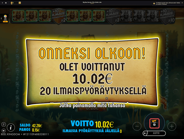 10,02 euron voitto Big Bass: Secrets of the Golden Lake -pelistä.