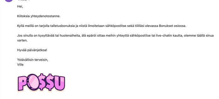 Possu-kasinon sähköpostituki.