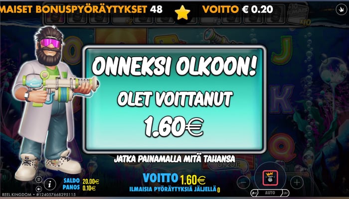 1,60 euron voitto Pelipeto Kasinon ilmaiskierroksilla.