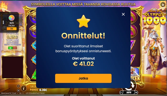 Ilmaiskierrosvoittojen yhteissumma 41,02 euroa.