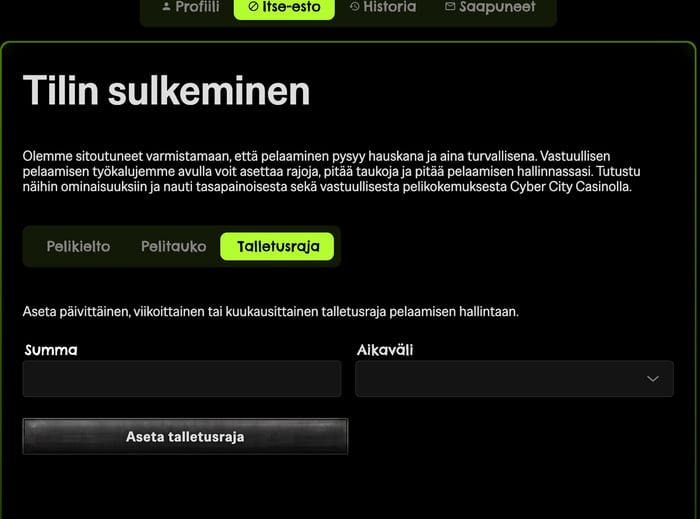 Cyber City tarjoaa suoraan tililtä päälle asetettavat vastuullisen pelaamisen työkalut.