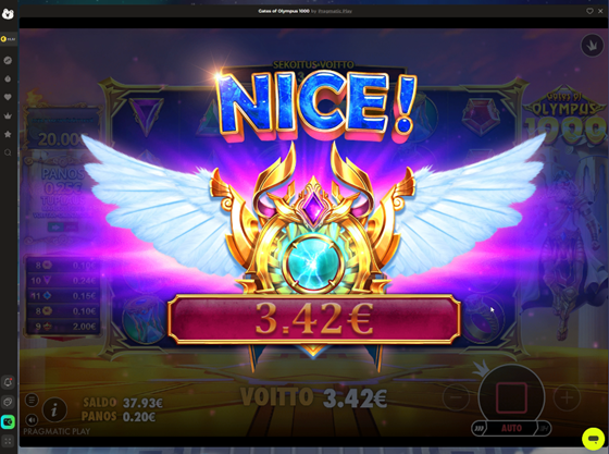 ”Nice!”-voittoruutu Gates of Olympus 1000 -pelissä 0,20 euron panoksella testisessioni alussa.