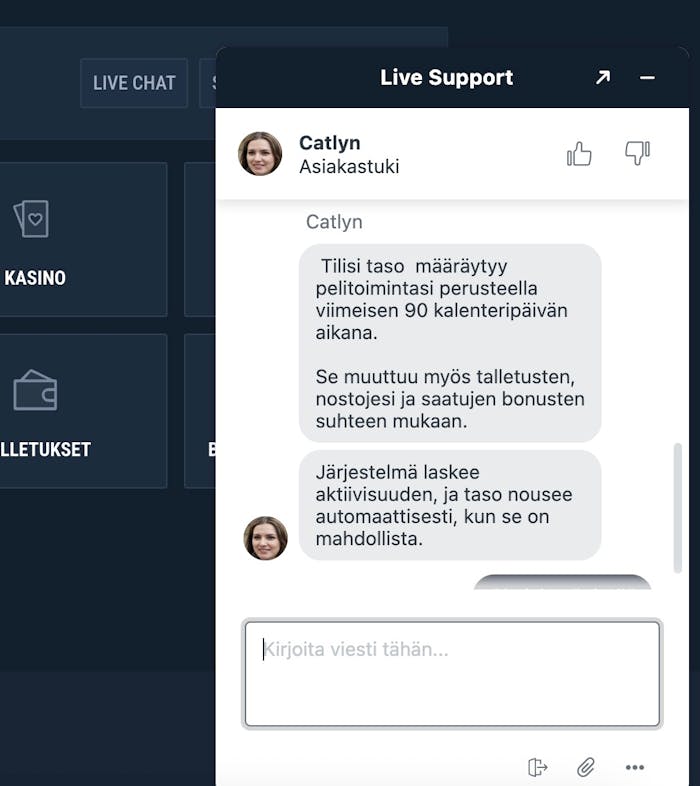 Live-chat keskustelu Rabona Casinolla VIP-ohjelman ehdoista