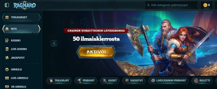 Ragnaro Casinon etusivulla näkyy skandinaavisia soturihahmoja ja näyttäviä bonustarjouksia.