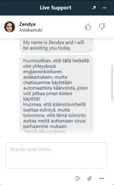 Ragnaron asiakastuki vastaa suomeksi käännöstyökalulla.