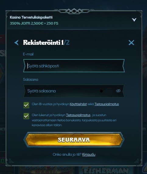 Ragnaro kasinolle rekisteröitymine alkaa antamalla sähköposti ja salasana.