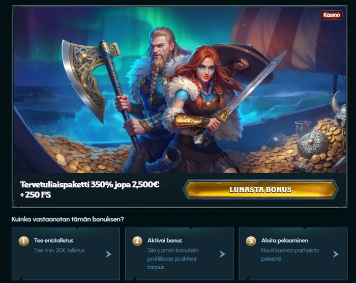 Ragnaro kasinon bonustarjous, joka on 250 % bonus jopa 2500 euron ylärajaan.