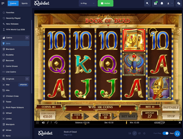 Pelasin Rainbet Casinolla Book of Dead -peliä, jossa suurin voitto oli viisi euroa.