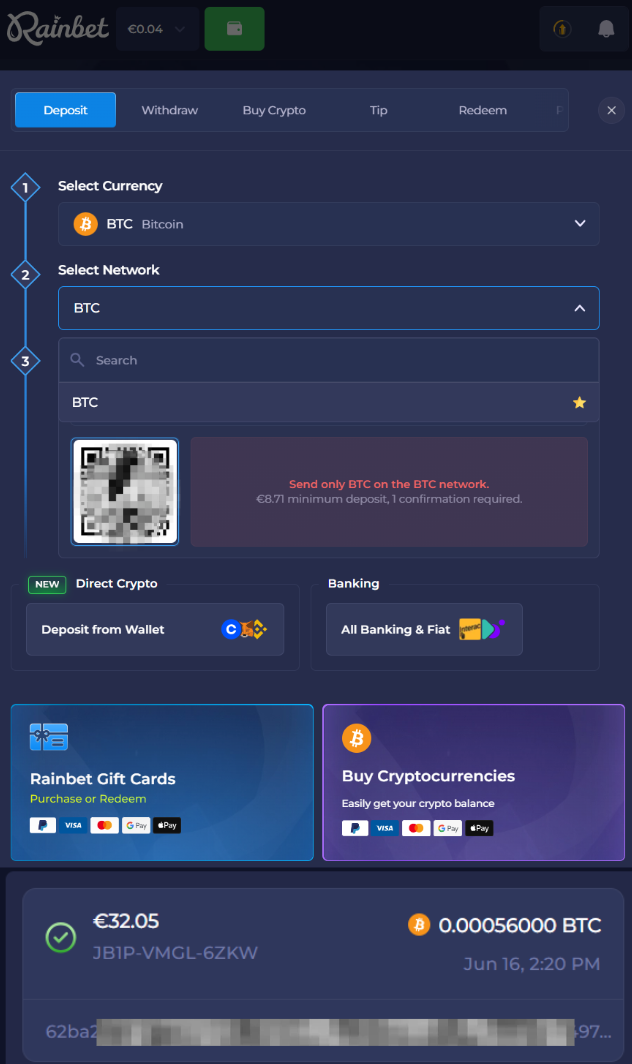 Rainbet talletus Bitcoineilla ja sujuva sekä nopea.