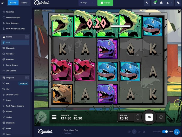 Rainbet Casinon Grug Make Fire -peliä. Suurin voitto tässä pelissä oli vain 0,20 €. 