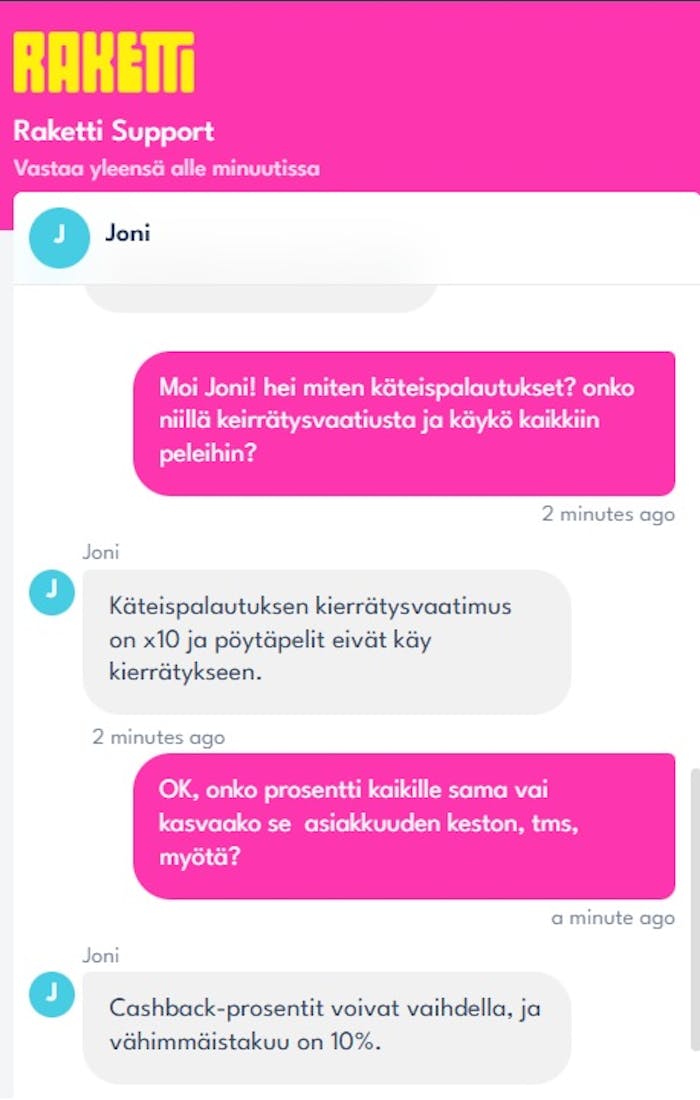 Raketti Casino live-chat käteispalautuksen kierrätyksestä ja sopivuudesta kasinopeleihin.