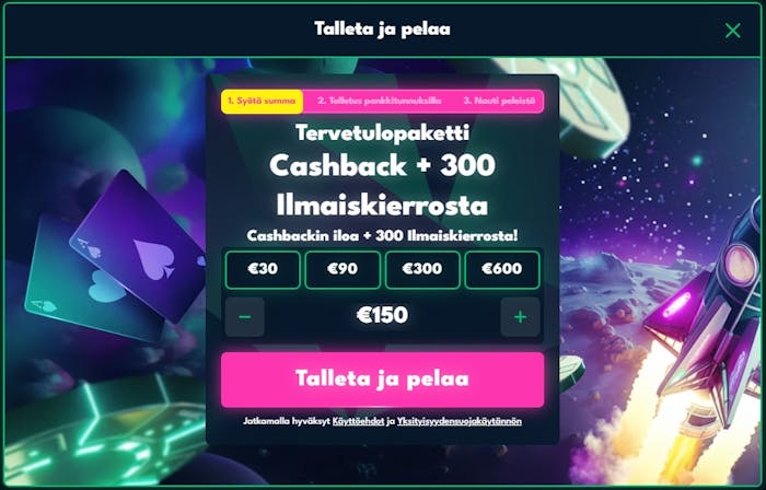 Raketti Casino Talleta ja pelaa - tervetulopaketti cashback ja 300 ilmaiskierrosta.