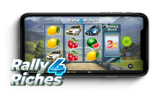 Rally 4 Riches kolikkopelin peliruudukko ja logo.