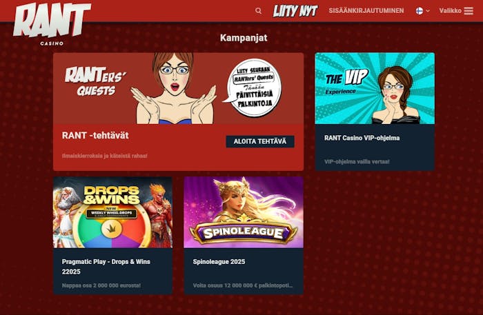 Rant Casinon bonuksiin kuuluu Rant-tehtäviä, VIP-ohjelma sekä Drops and Wins että Spinolegue turnauksia.