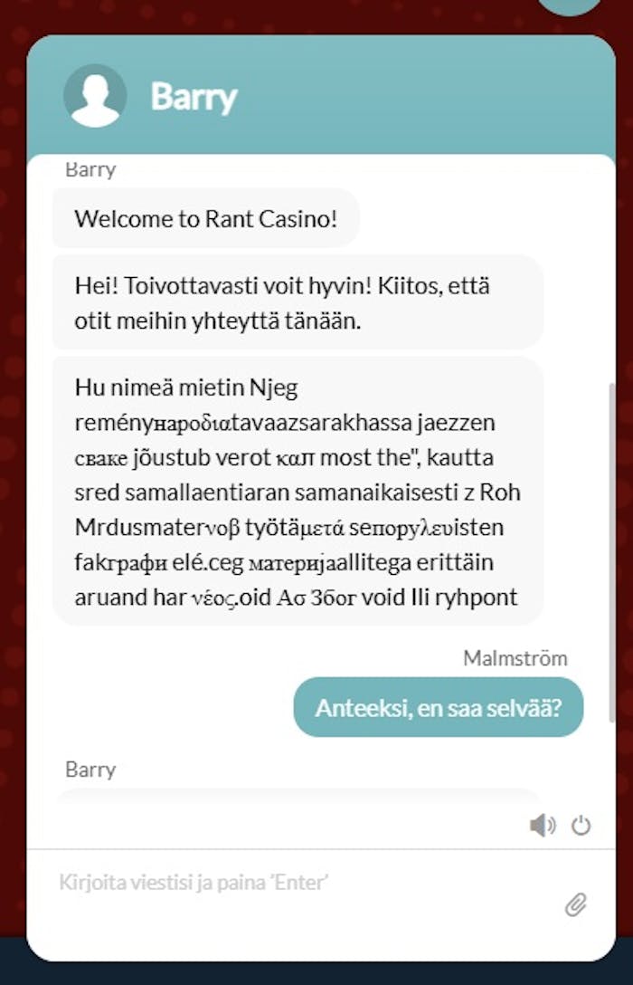 Rant Casinon live-chat vastaa kysymykseen täysin ymmärtämättömällä tavalla.
