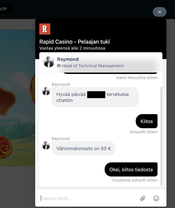Keskustelu Rapid Casinon live-chatissa kotiutusrajoista