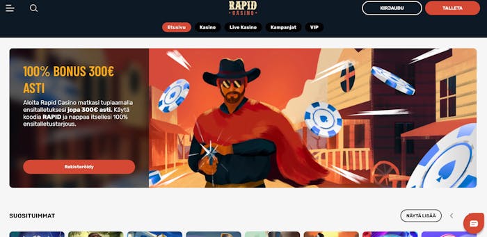Rapid Casinon etusivu, josta pääsee suoraan talletukseen