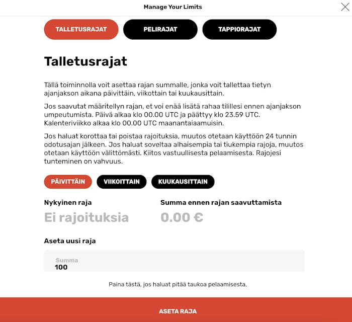 Vastuullisen pelaamisen työkaluja Rapid Casinon pelitilillä