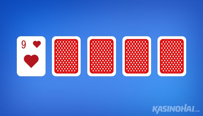 Viisi korttia, joista hertta-9 on näkyvissä ja muut kuvapuoli alaspäin.