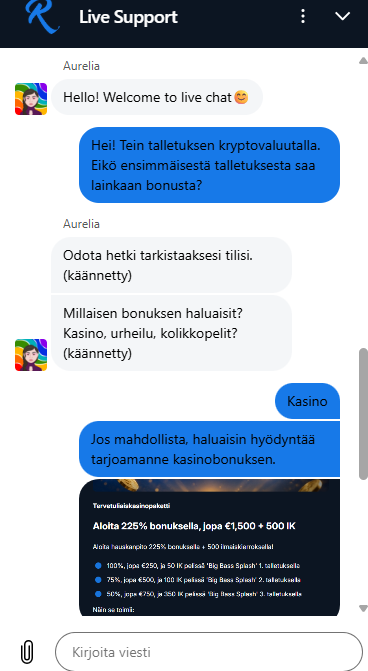 Kuvakaappaus yhteydenotosta Rcasinon live-chattiin.