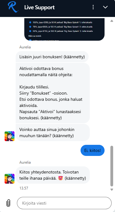 Live chat keskustelun loppu RCasinolla.