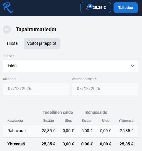 Maksutapahtumien tiedot, joissa näkyy bitcoin-talletuksen arvo euroina.