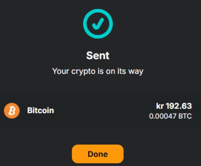 Kuvakaappaus Bitcoin-siirron vahvistuksesta.