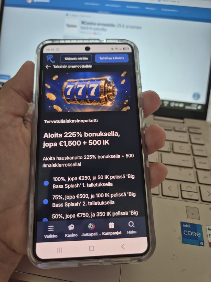 RCasino testaajan kädessä olevan Samsung Galaxy S26 puhelimen näytöllä.