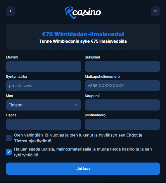 RCasinon toinen rekisteröitymislomake.