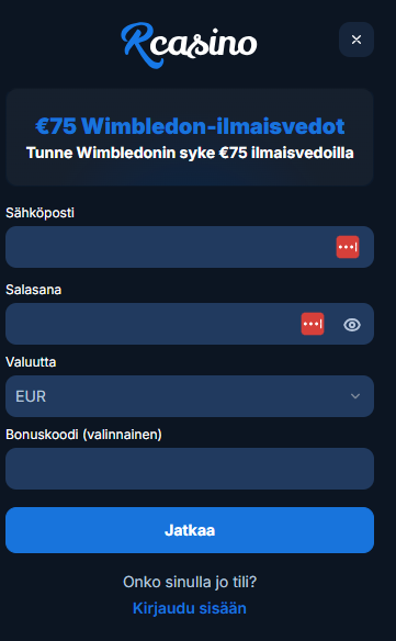RCasinon ensimmäinen rekisteröitymislomake.