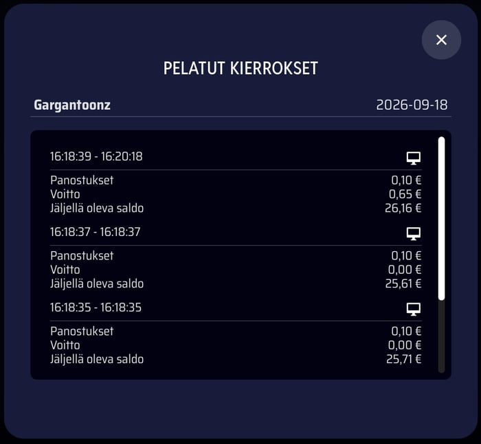 Toinen pelihistorianäkymä Onerushilla.